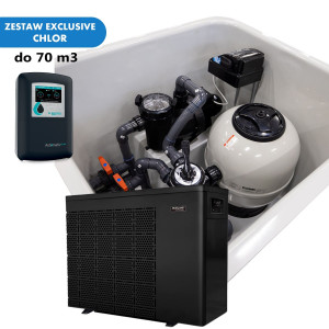 Gotowa skrzynia filtracyjna z orurowaniem, sterowaniem, pompą ciepła i dozowaniem cl/pH dla basenu do 70m3 EXCLUSIVE