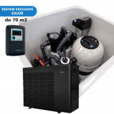 Gotowa skrzynia filtracyjna z orurowaniem, sterowaniem, pompą ciepła i dozowaniem cl/pH dla basenu do 70m3 EXCLUSIVE