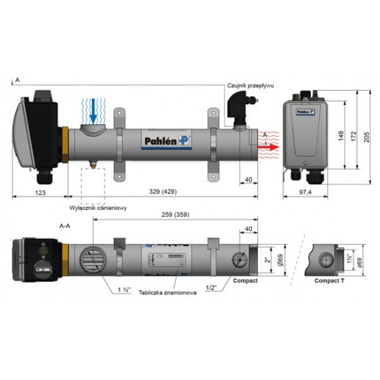 Stainless steel electric pool heater 6kW COMPACT PAHLEN