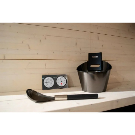 Zestaw akcesoriów do sauny czarny (ceber, chochla, termo-higrometr) ze stali nierdzewnej HARVIA